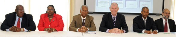 From L-R: Managing Director/CEO BVI Financial Services Commission – Mr. Robert Mathavious; Ag. Attorney General – Mrs. Jo-Ann Williams Roberts; Premier and Chairman of the National Risk Assessment Council – Dr. The Hon. D. Orlando Smith, OBE; His Excellency the Governor – Mr. Boyd McCleary, CMG, CVO; Financial Secretary – Mr. Neil Smith; Private Sector Representative – Dr. Micheal O’Neal