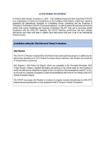 CFATF Public Statement on Sint Maarten, LI Plenary held virtually, December 11th, 2020