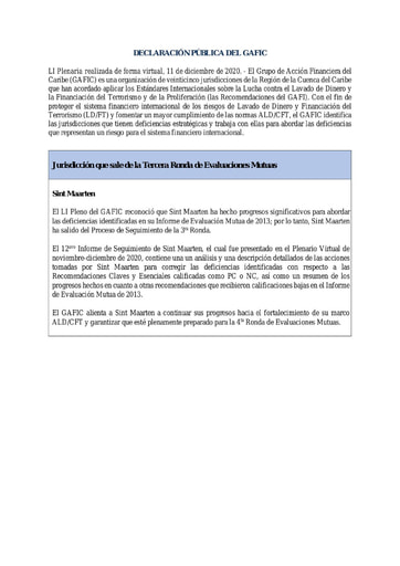 Declaración Pública sobre San Martín, LI Plenaria celebrada de forma virtual, 11 de diciembre de 2020