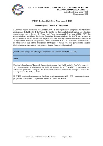 Declaración Pública y Aviso de salida del proceso de seguimiento mayo 2018